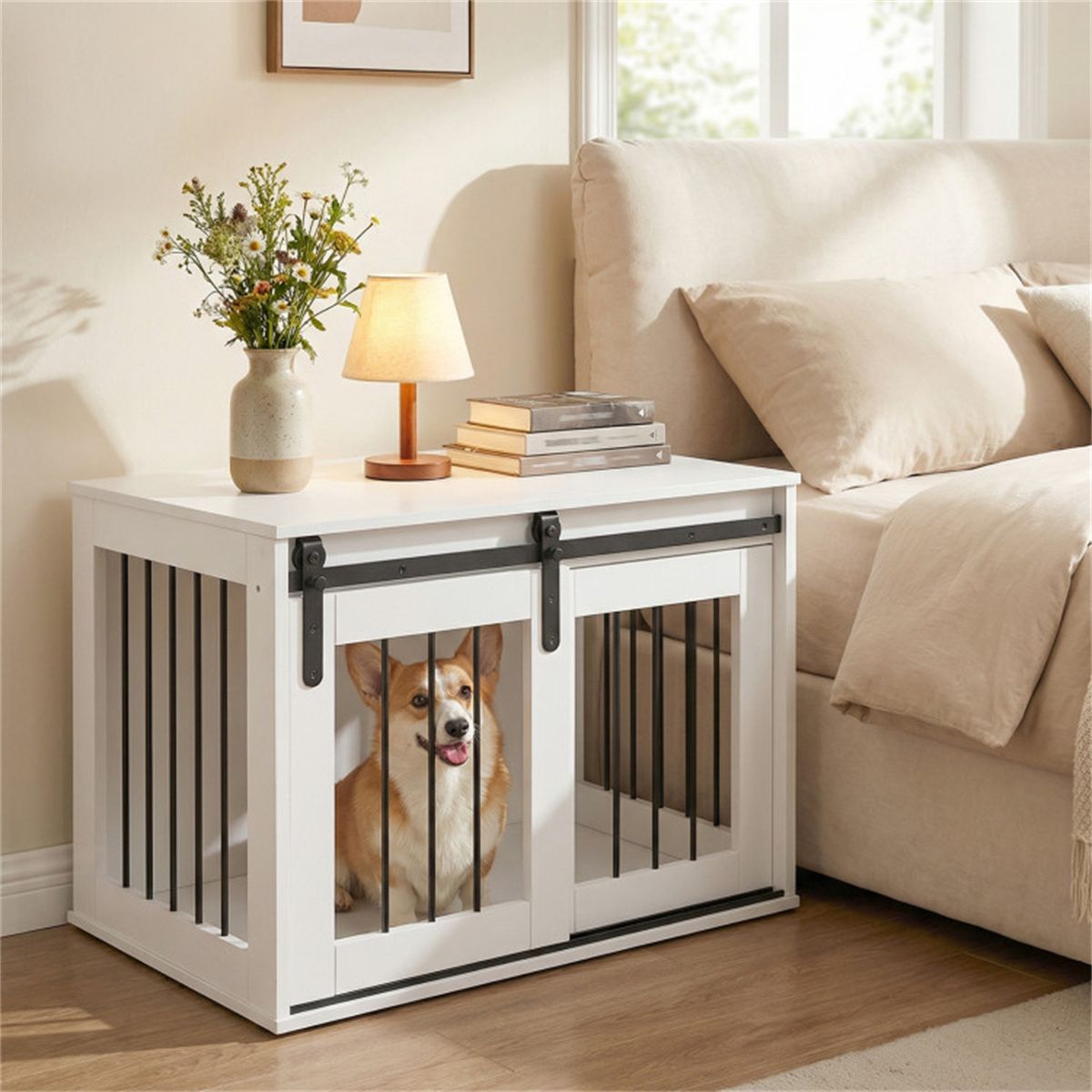 Furniture-Style Dog Crate with Sliding Barn Door and Reinforced structured Frame