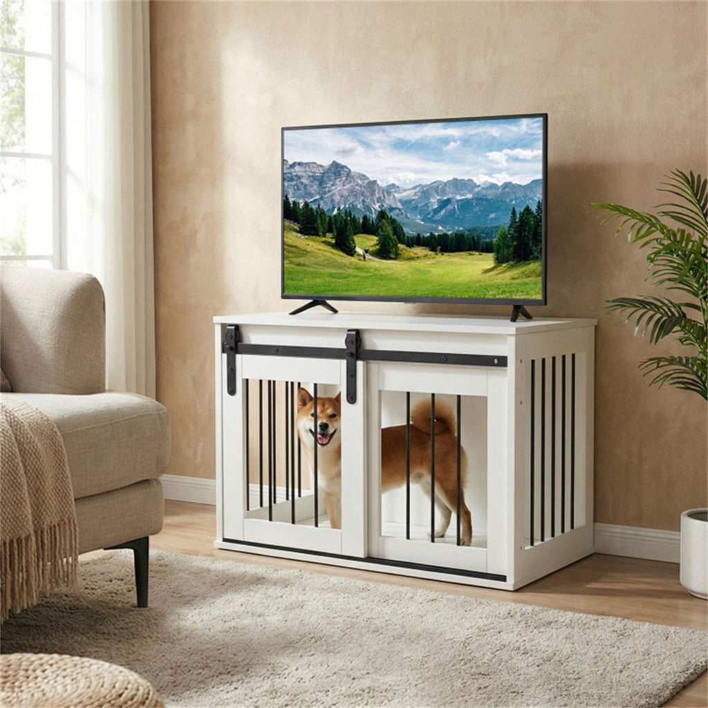 Furniture-Style Dog Crate with Sliding Barn Door and Reinforced structured Frame