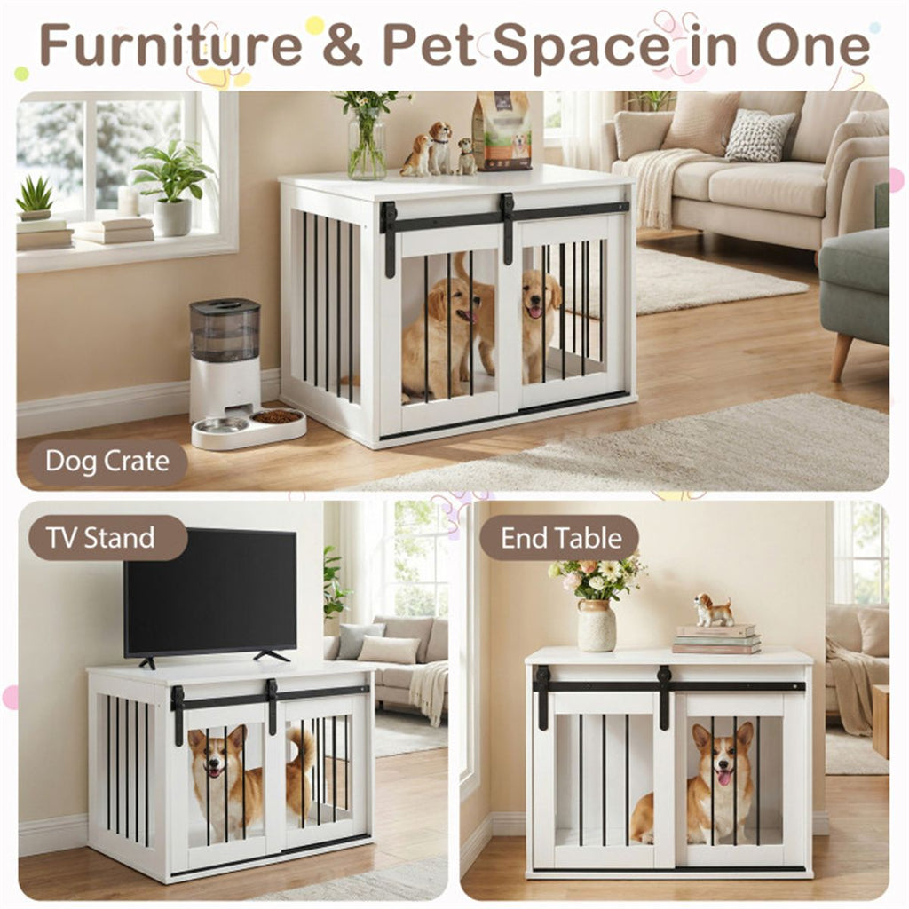 Furniture-Style Dog Crate with Sliding Barn Door and Reinforced structured Frame