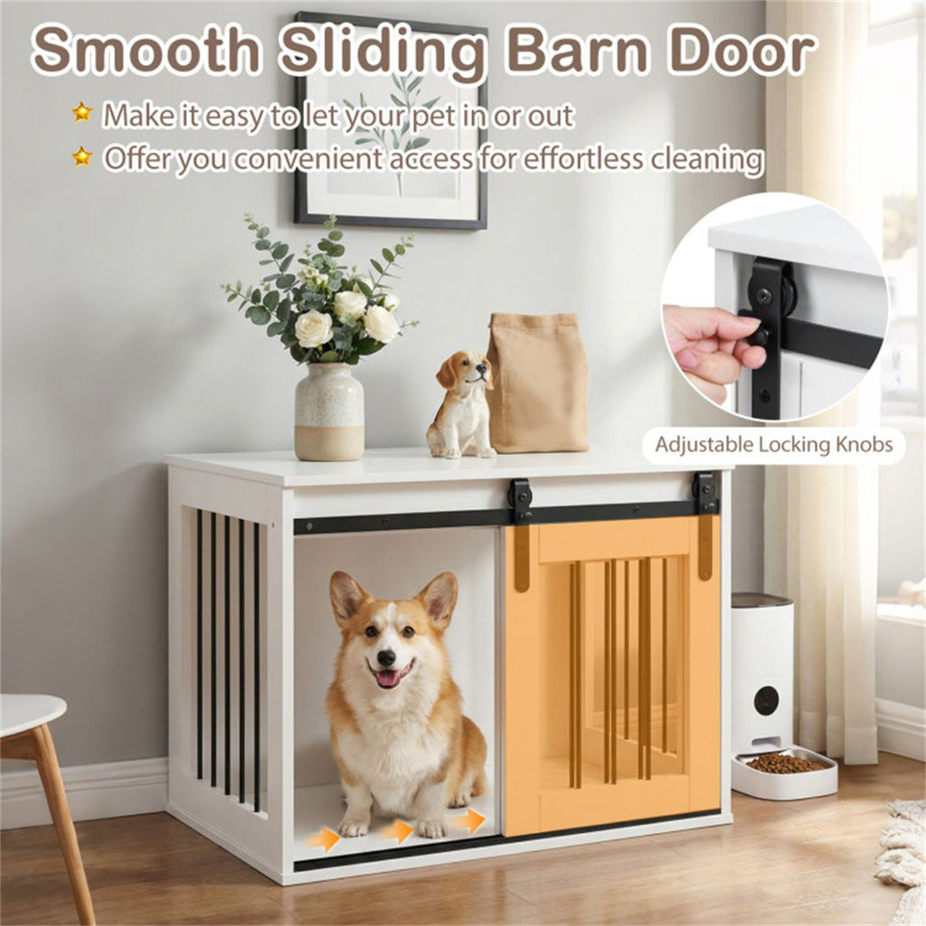 Furniture-Style Dog Crate with Sliding Barn Door and Reinforced structured Frame