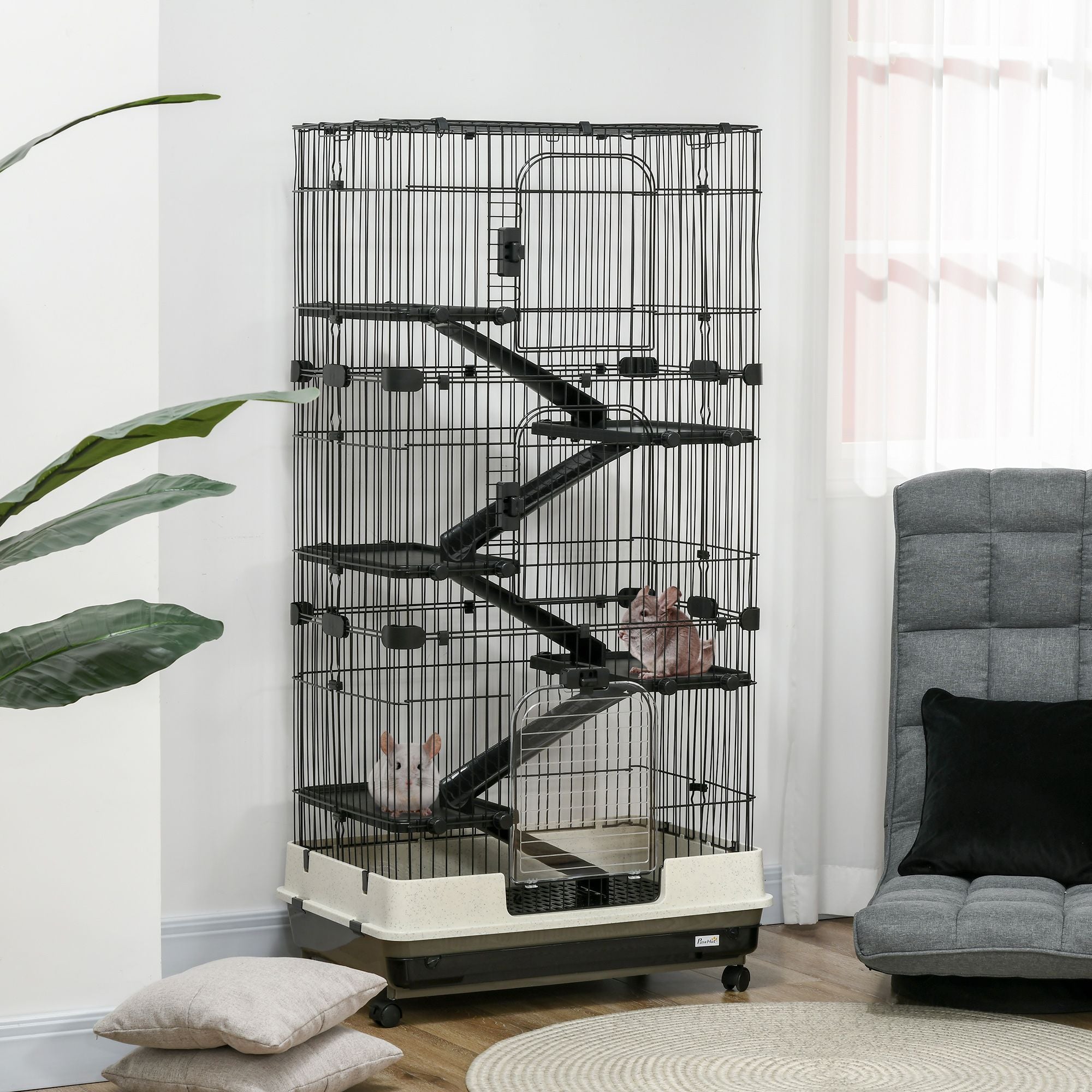 Indoor Small Animal Cage with Platforms, Ramps, and Wheels for Rabbits and Ferrets