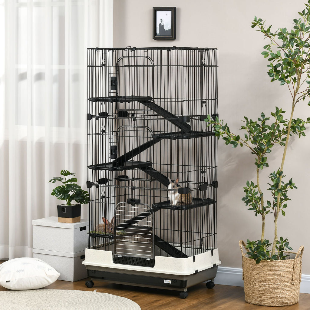 Indoor Small Animal Cage with Platforms, Ramps, and Wheels for Rabbits and Ferrets