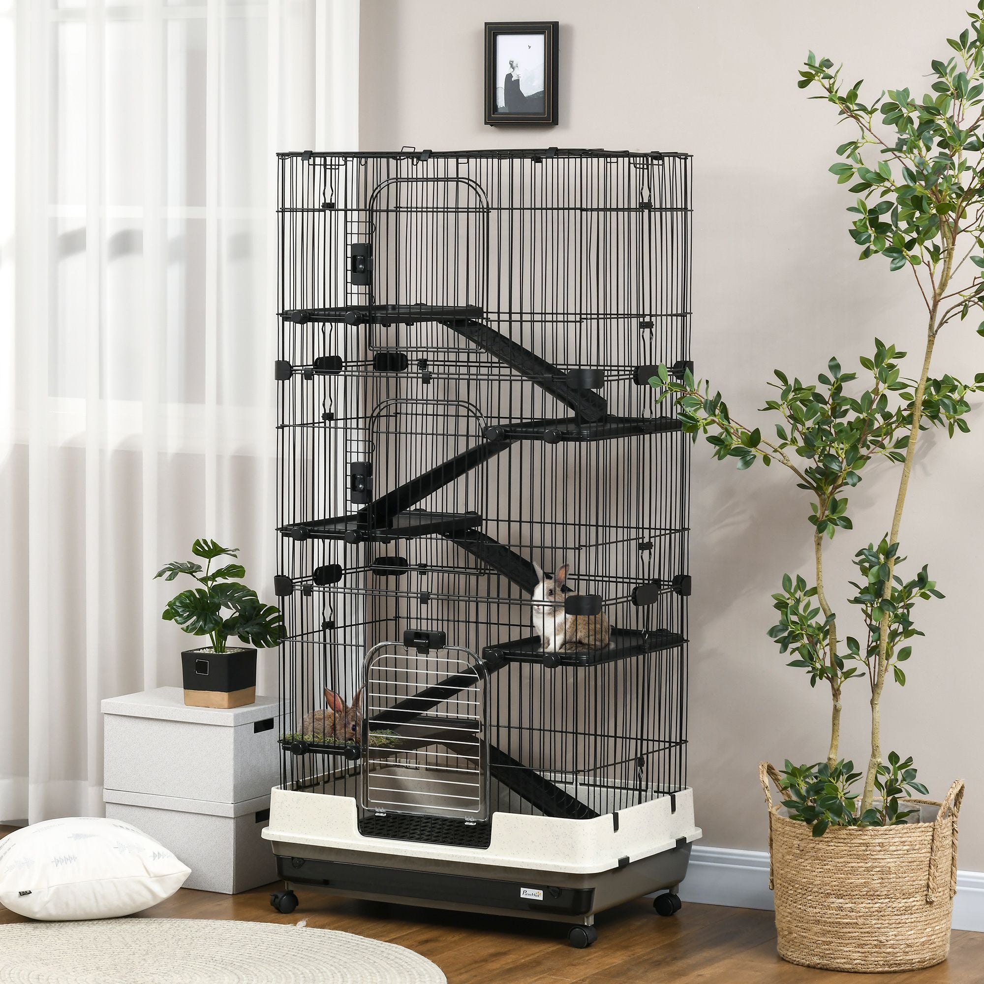 Indoor Small Animal Cage with Platforms, Ramps, and Wheels for Rabbits and Ferrets