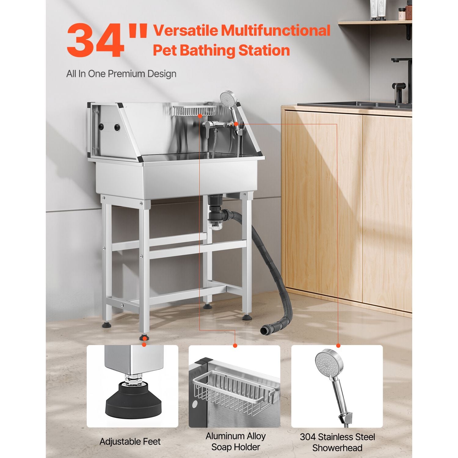 No-Bend Pet Bathing: Stainless Steel Wash Station with Hot & Cold Faucet