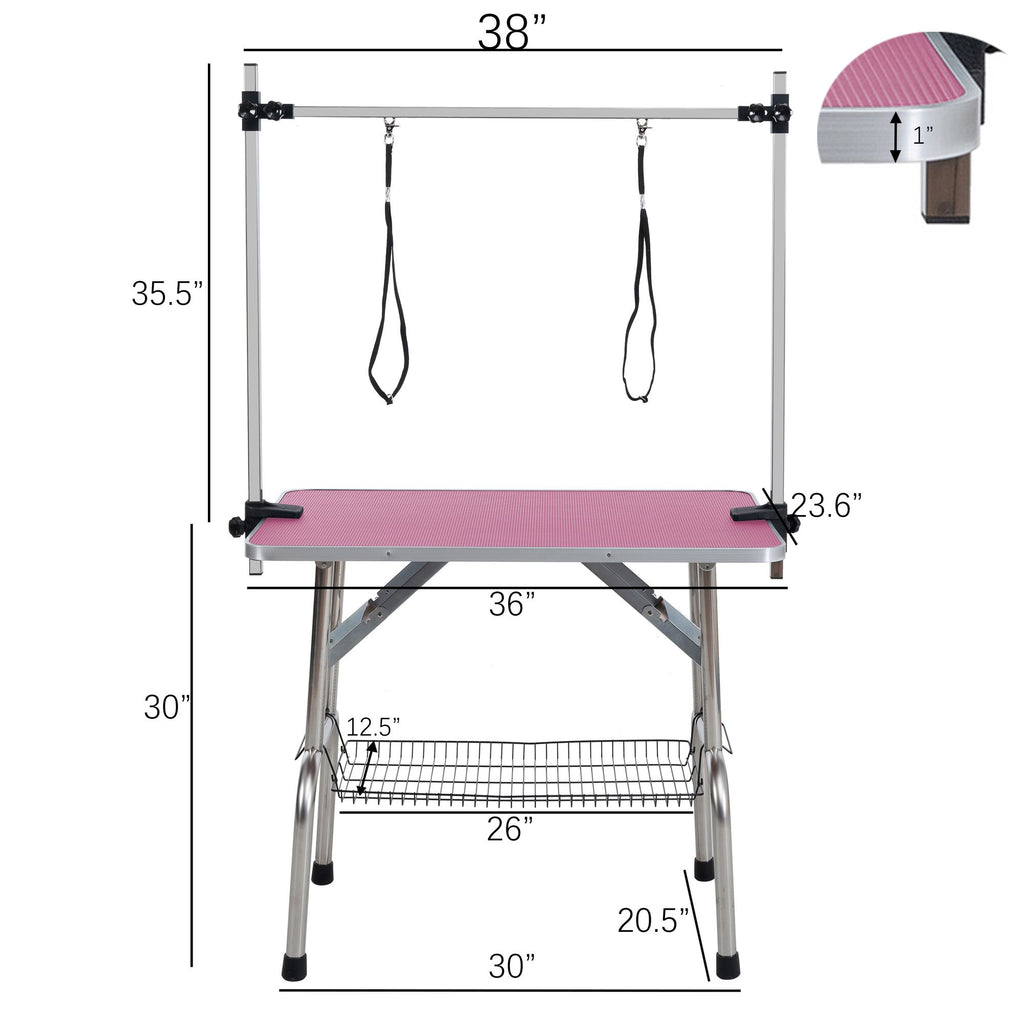 Foldable Dog Grooming Table with Adjustable Arm – Pink, 36"