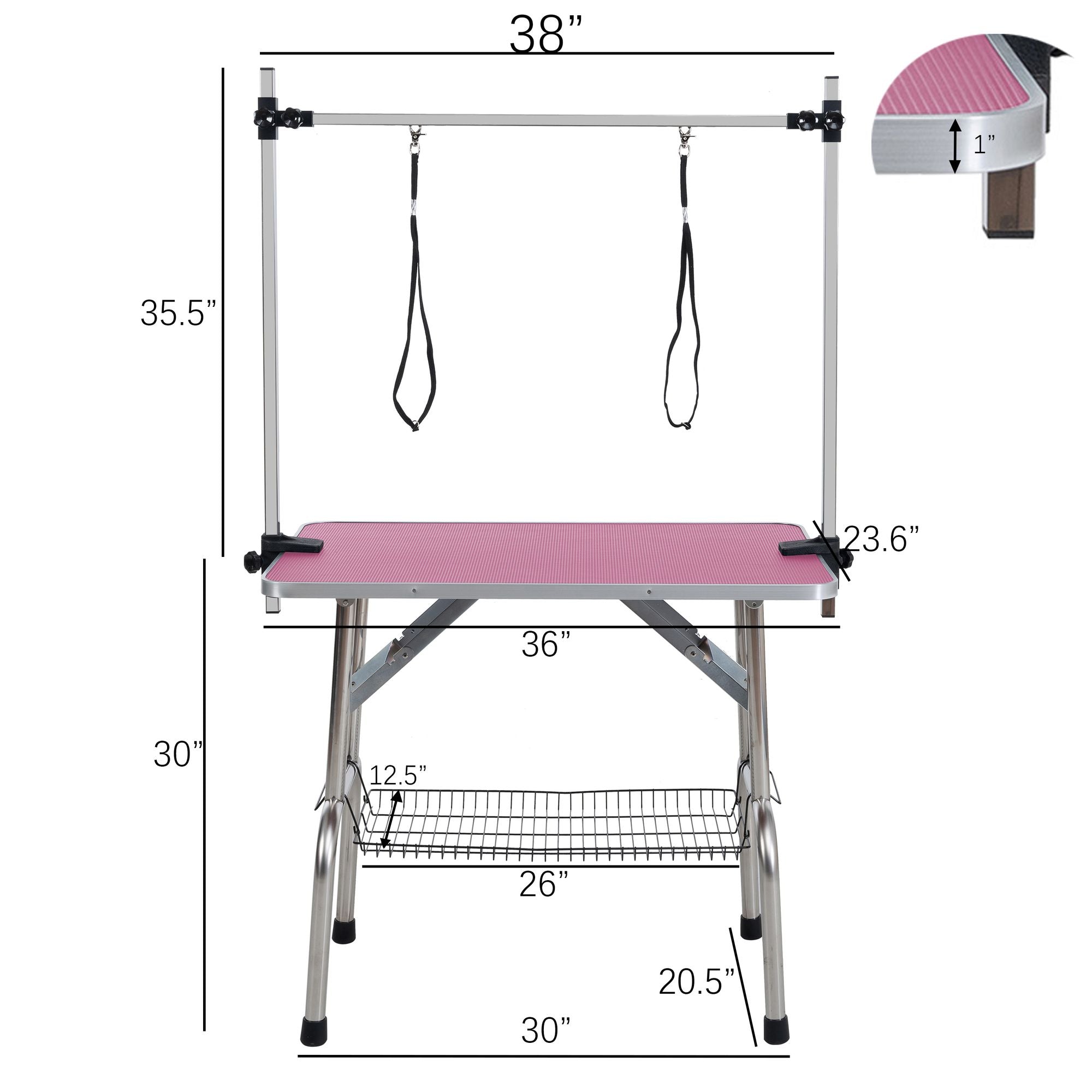 Foldable Dog Grooming Table with Adjustable Arm – Pink, 36"