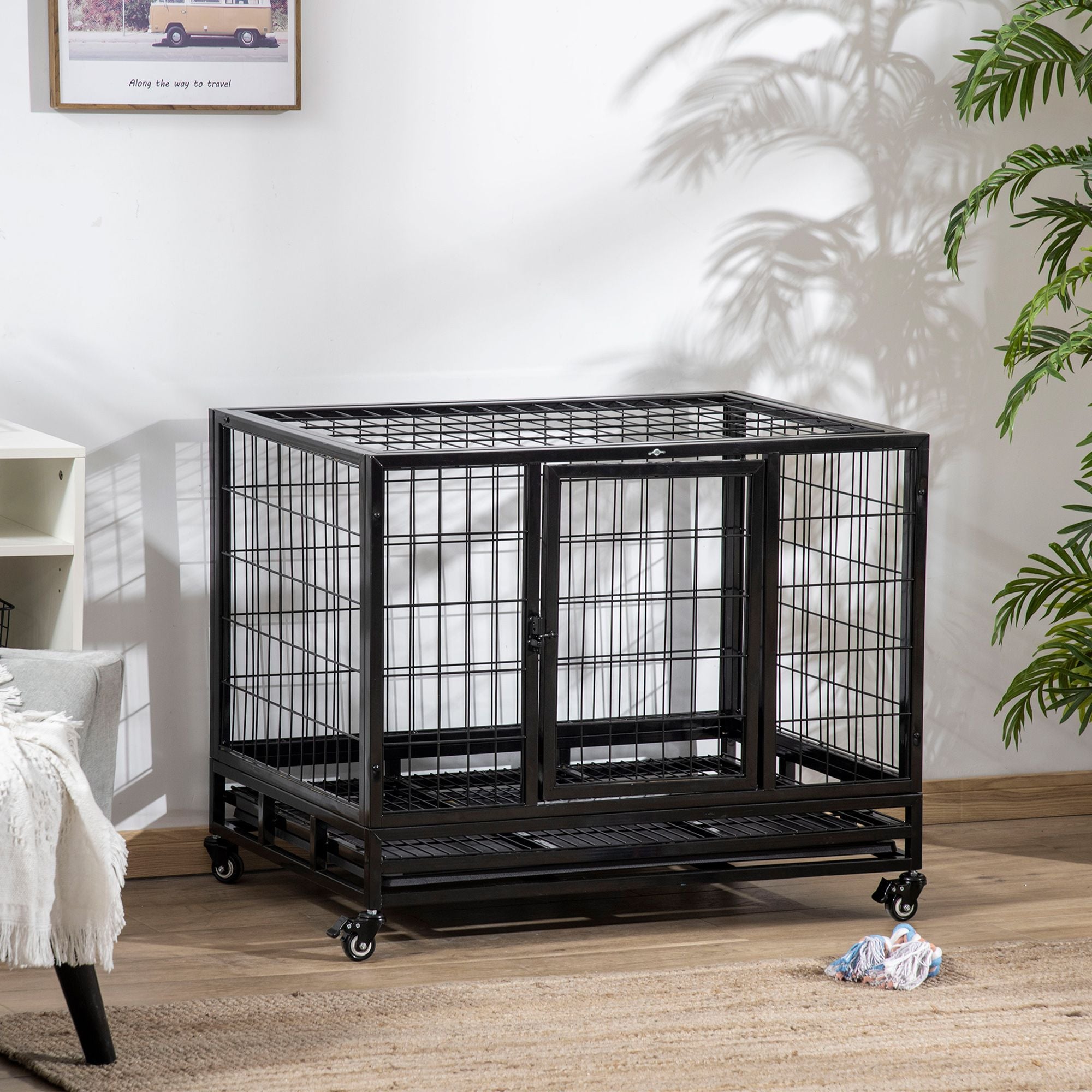 36- practical Dog Crate with Lockable Wheels and Double Door