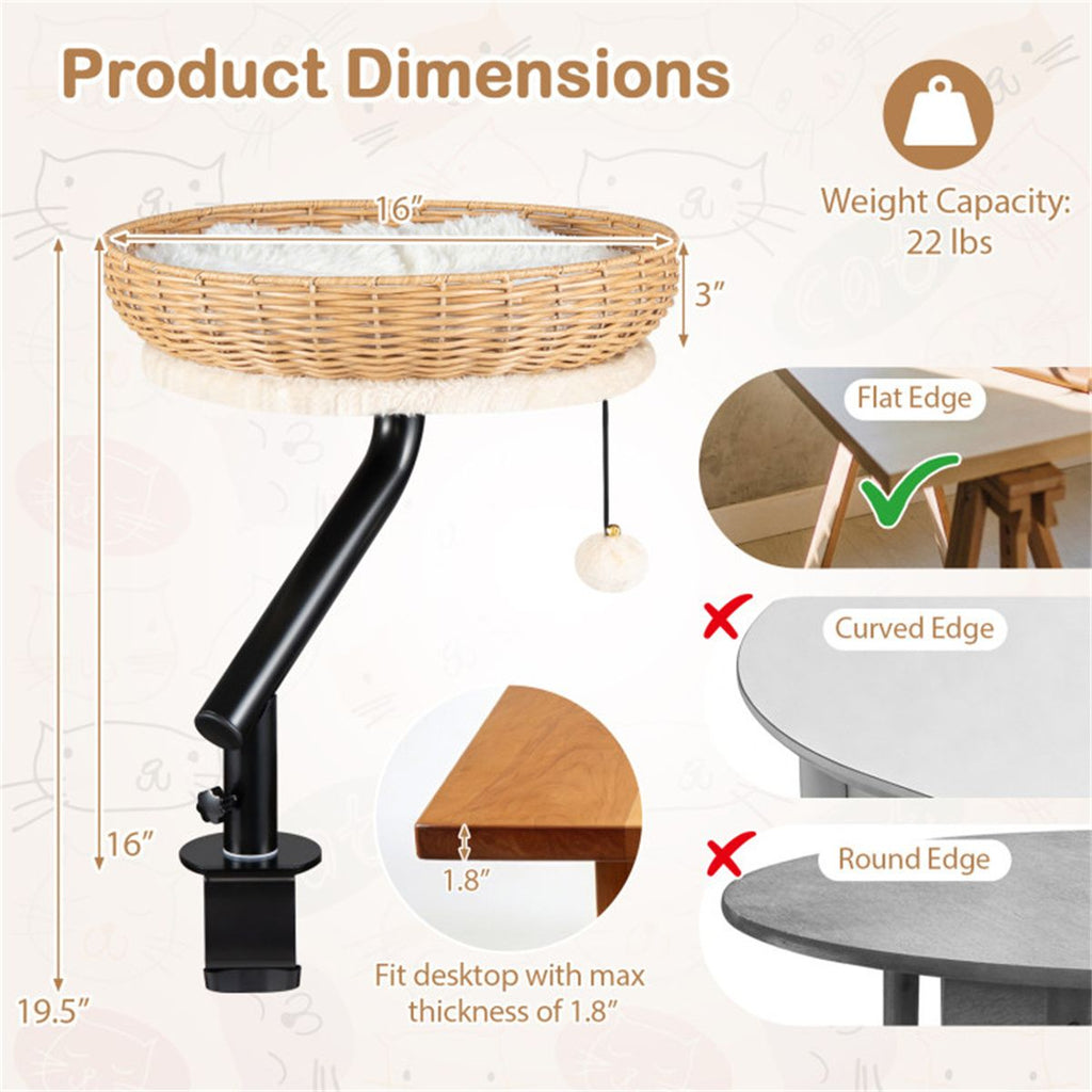 360° Rotatable Desktop Cat Bed Perch, 2-in-1 Workspace Cat Retreat with Jingling Ball (Natural + Black + White)