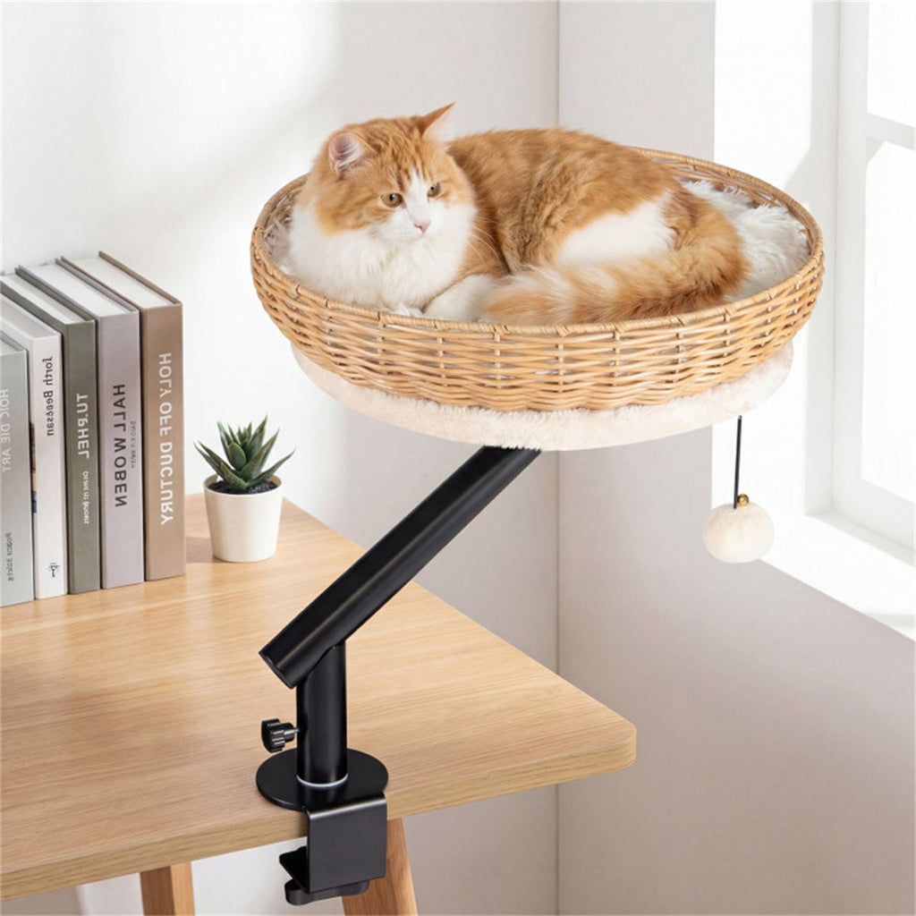 360° Rotatable Desktop Cat Bed Perch, 2-in-1 Workspace Cat Retreat with Jingling Ball (Natural + Black + White)