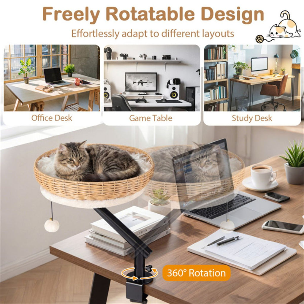 360° Rotatable Desktop Cat Bed Perch, 2-in-1 Workspace Cat Retreat with Jingling Ball (Natural + Black + White)
