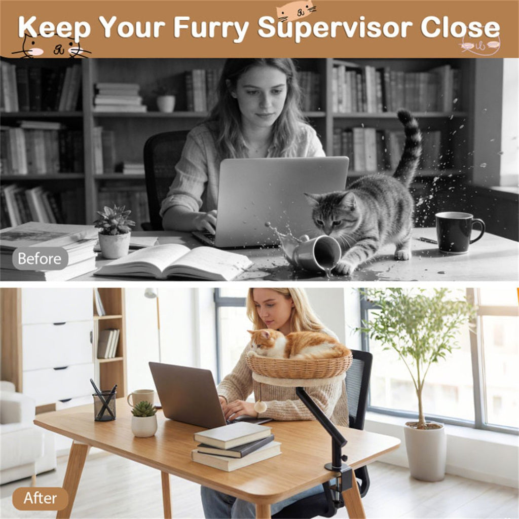 360° Rotatable Desktop Cat Bed Perch, 2-in-1 Workspace Cat Retreat with Jingling Ball (Natural + Black + White)