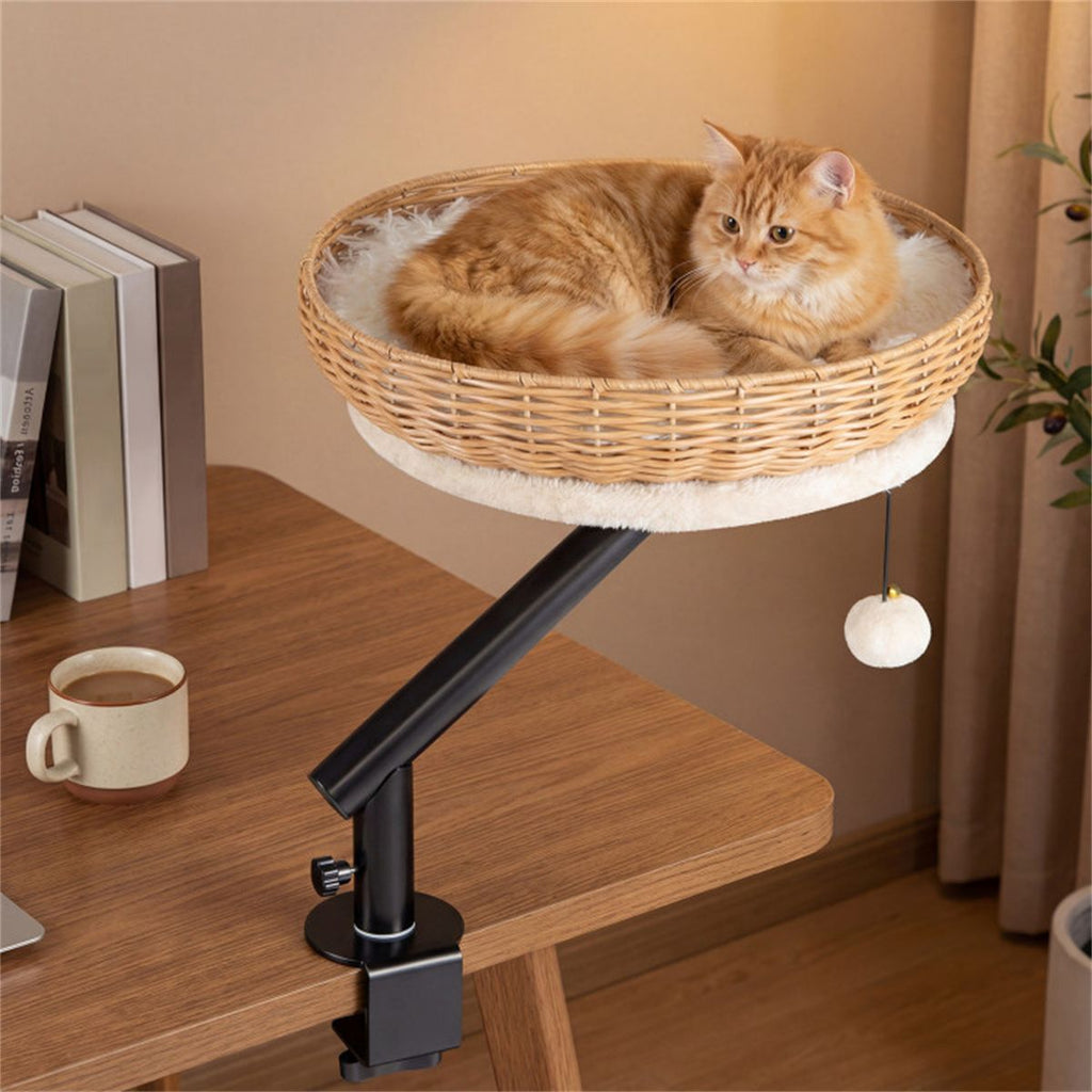 360° Rotatable Desktop Cat Bed Perch, 2-in-1 Workspace Cat Retreat with Jingling Ball (Natural + Black + White)
