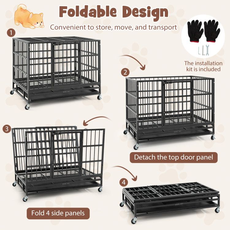 38 Inch Foldable Heavy-Duty Metal Dog Cage with Lockable Rolling Casters and Tray