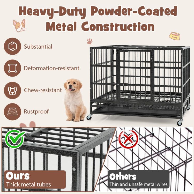 38 Inch Foldable Heavy-Duty Metal Dog Cage with Lockable Rolling Casters and Tray