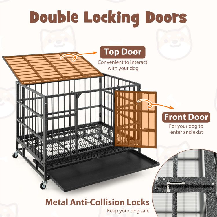 38 Inch Foldable Heavy-Duty Metal Dog Cage with Lockable Rolling Casters and Tray