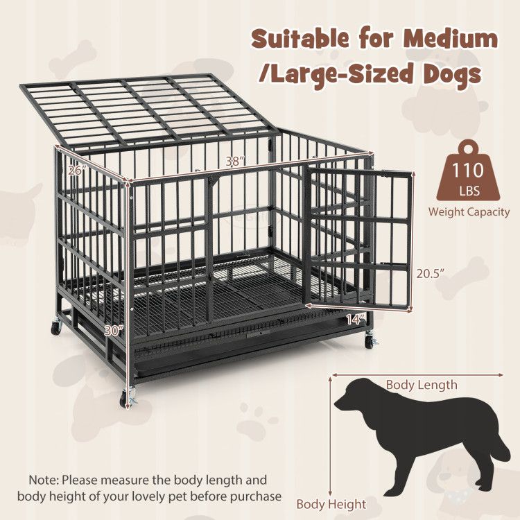 38 Inch Foldable Heavy-Duty Metal Dog Cage with Lockable Rolling Casters and Tray