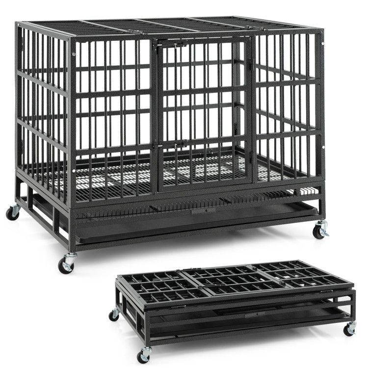 38 Inch Foldable Heavy-Duty Metal Dog Cage with Lockable Rolling Casters and Tray