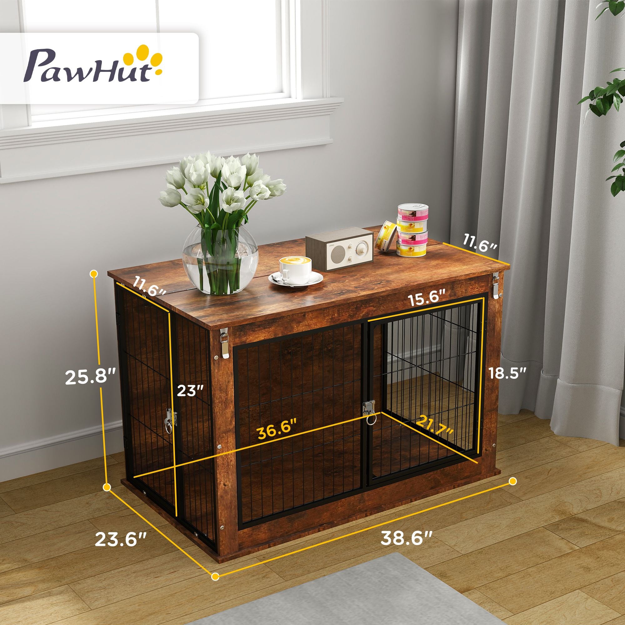 Stylish Dog Crate Furniture with Flip-Up Top and Dual Doors