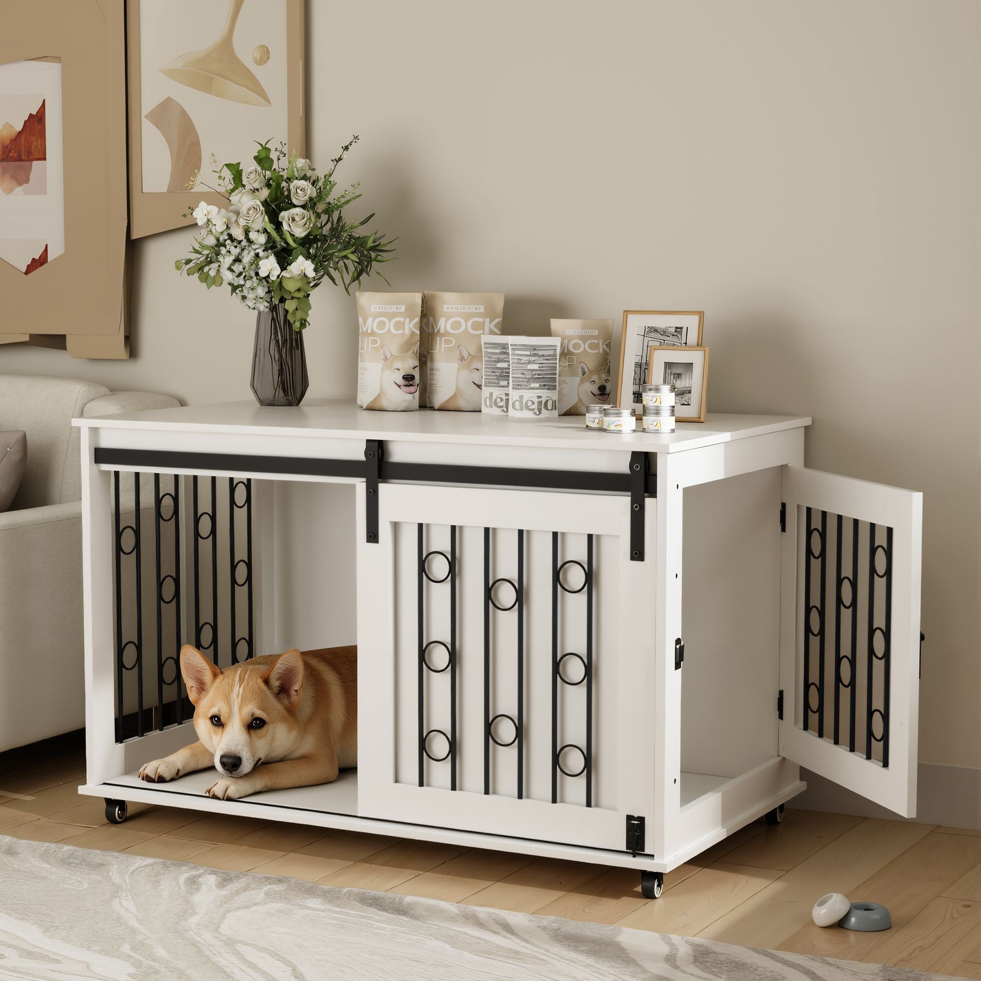 2-in-1 Dog Crate Furniture with Sliding Barn Door and Side Door – White