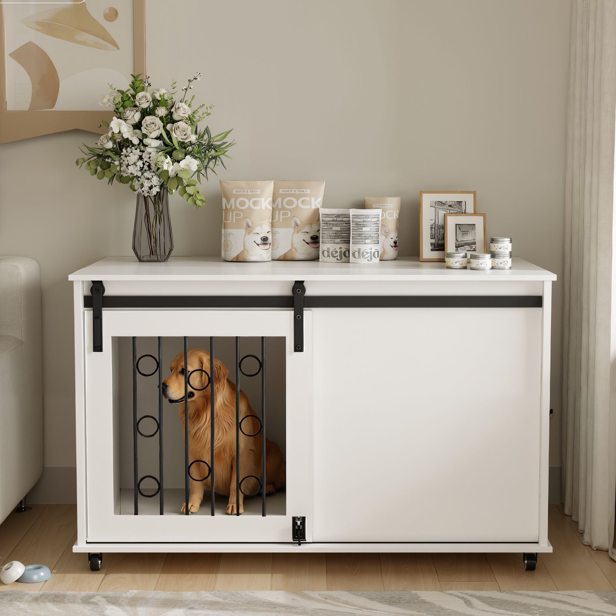 2-in-1 Dog Crate Furniture with Sliding Barn Door and Side Door – White