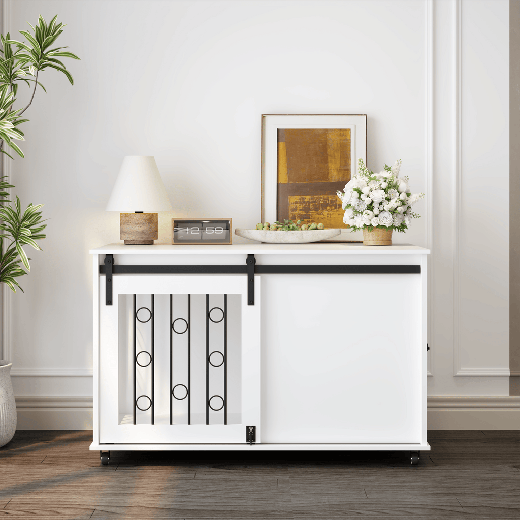 2-in-1 Dog Crate Furniture with Sliding Barn Door and Side Door – White