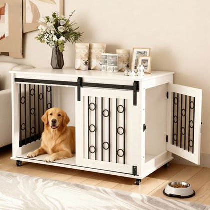 2-in-1 Dog Crate Furniture with Sliding Barn Door and Side Door – White
