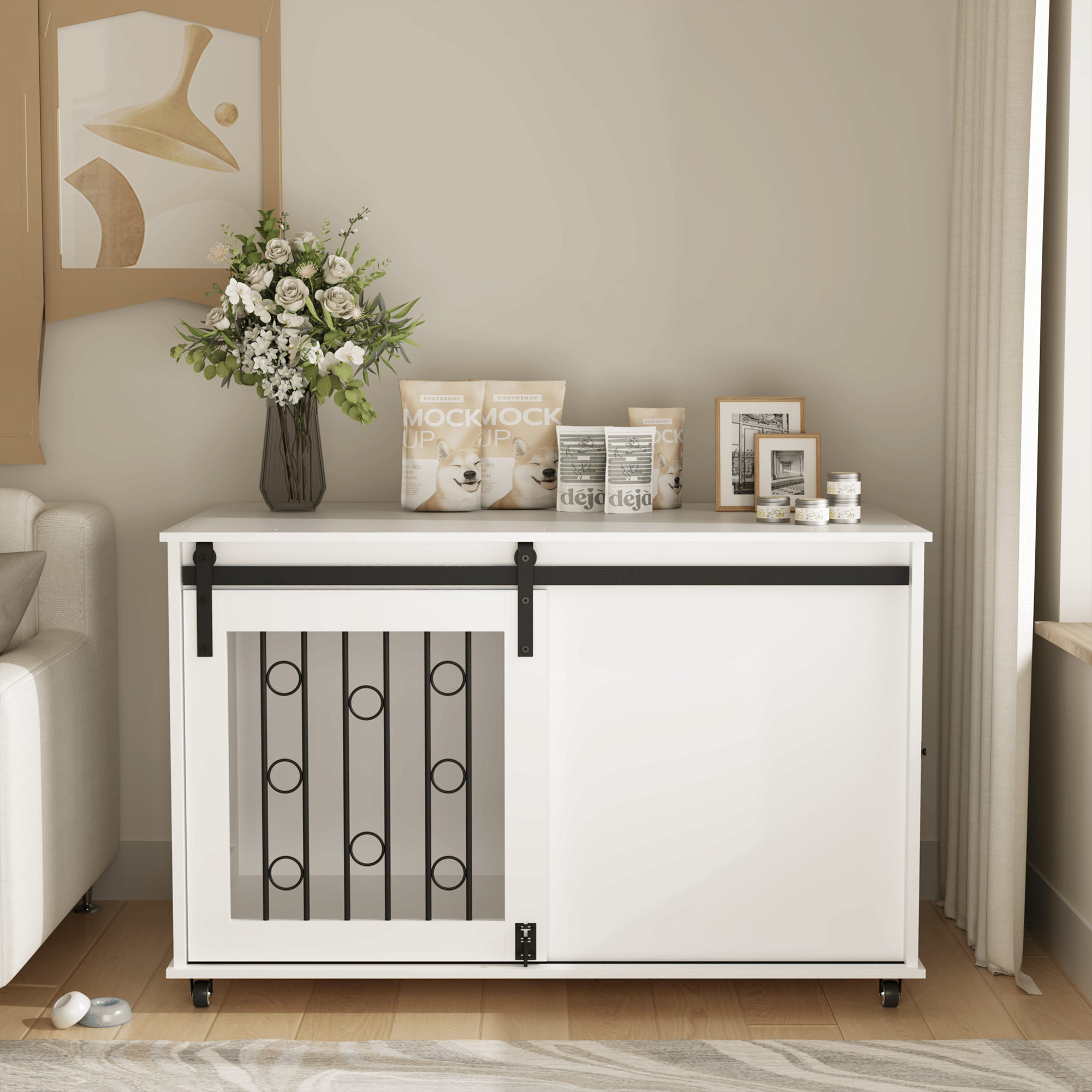 2-in-1 Dog Crate Furniture with Sliding Barn Door and Side Door – White