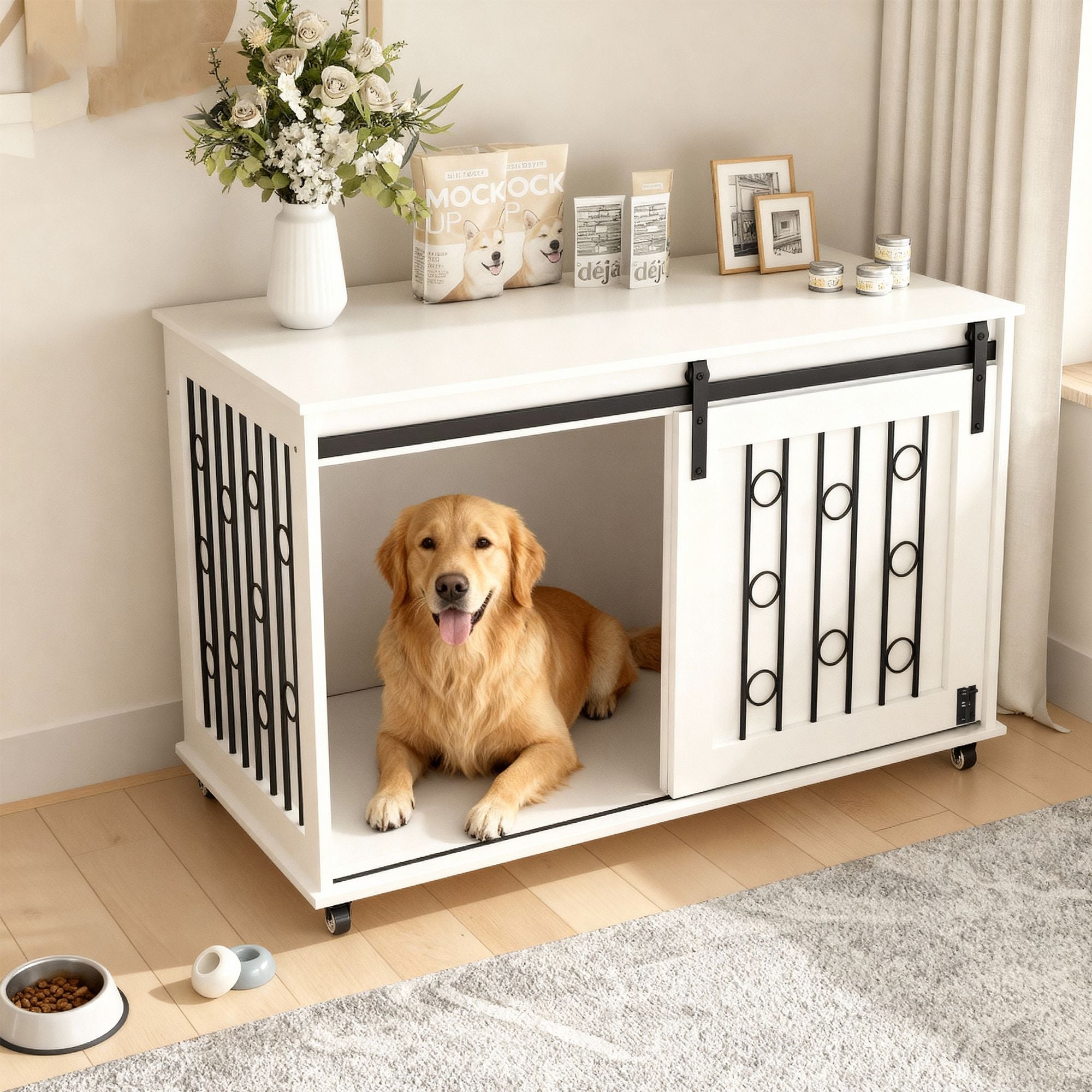 2-in-1 Dog Crate Furniture with Sliding Barn Door and Side Door – White
