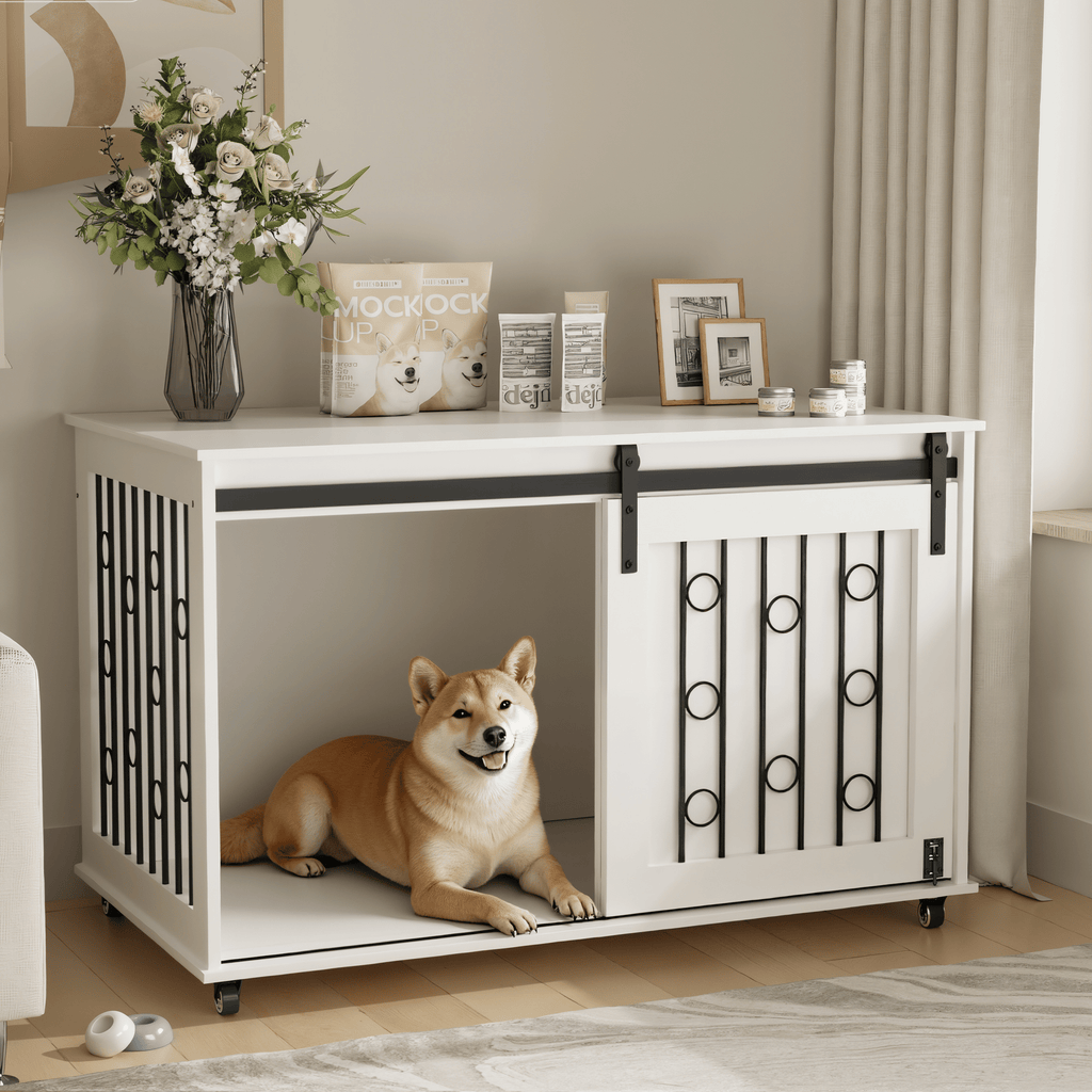 2-in-1 Dog Crate Furniture with Sliding Barn Door and Side Door – White