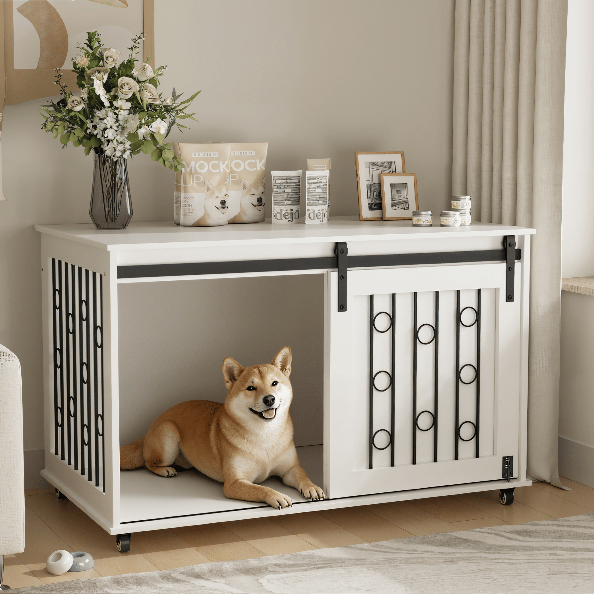 2-in-1 Dog Crate Furniture with Sliding Barn Door and Side Door – White