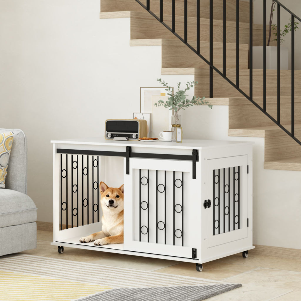 2-in-1 Dog Crate Furniture with Sliding Barn Door and Side Door – White