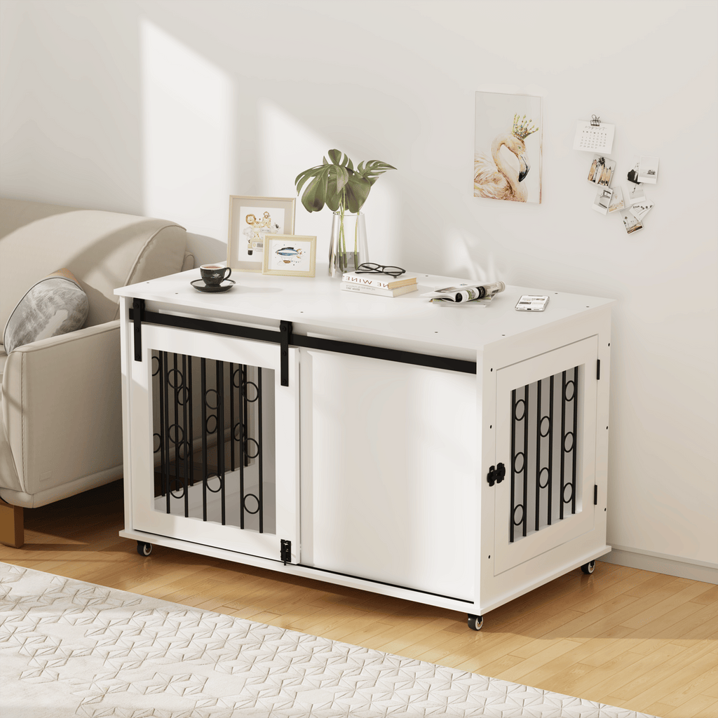2-in-1 Dog Crate Furniture with Sliding Barn Door and Side Door – White