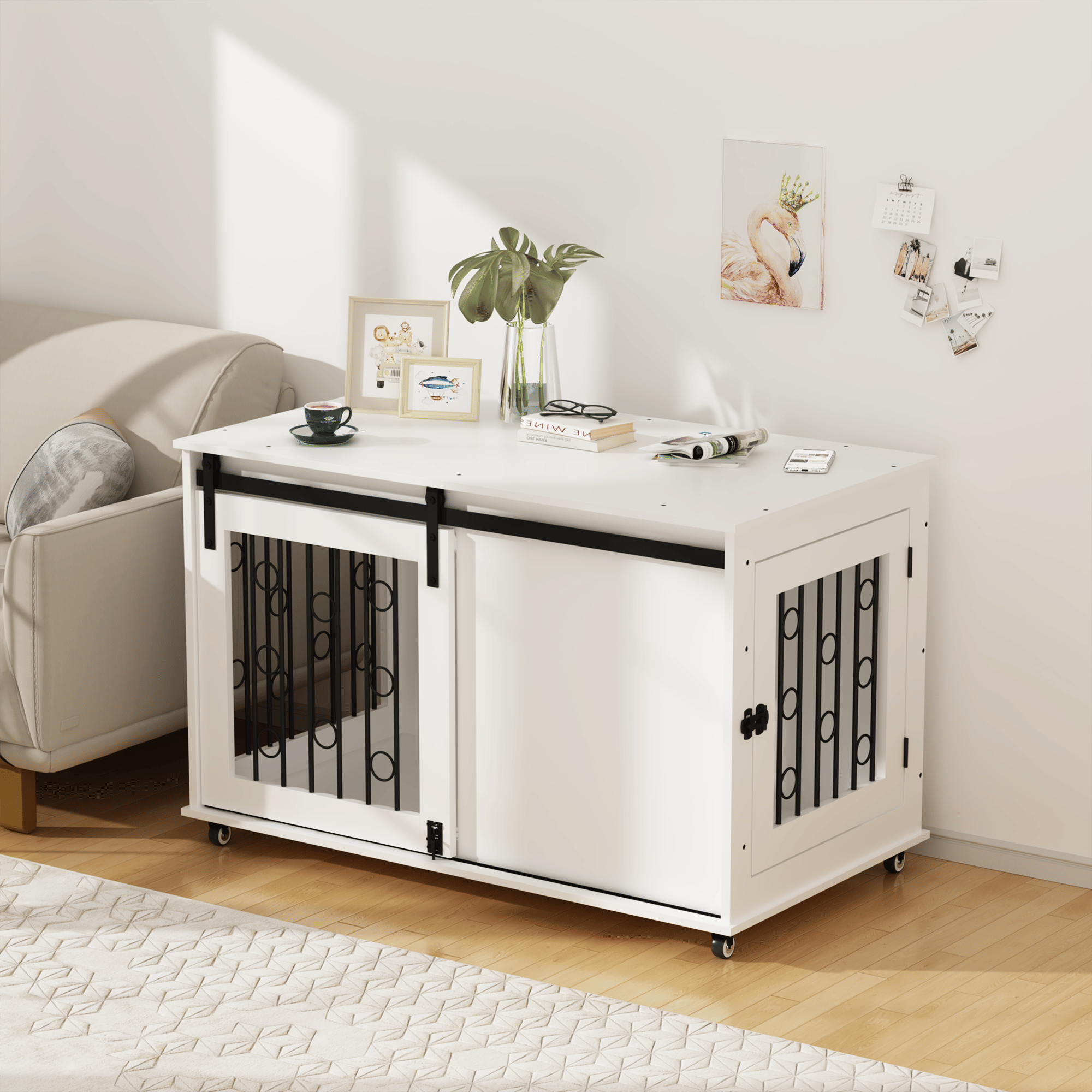 2-in-1 Dog Crate Furniture with Sliding Barn Door and Side Door – White