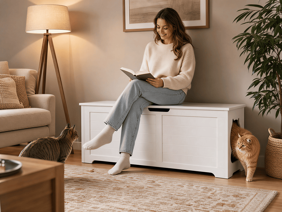 39.4" Top open Cat Litter Box Enclosure Furniture, Cat Washroom, Hidden Litter Box Cover, Cabinet for Large Cat, Dog Proof Cat Litter Boxes, Hideaway Litter Box, Cat House, White