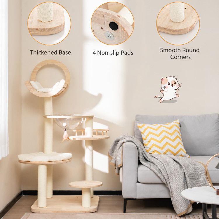 4-in-1 Wooden Cat Tower with Space Capsule – Customizable Fun for Your Feline