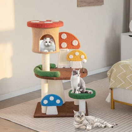 4-In-1 Mushroom Cat Tree: Cozy Condo, Fun Spring Ball & Scratching Posts