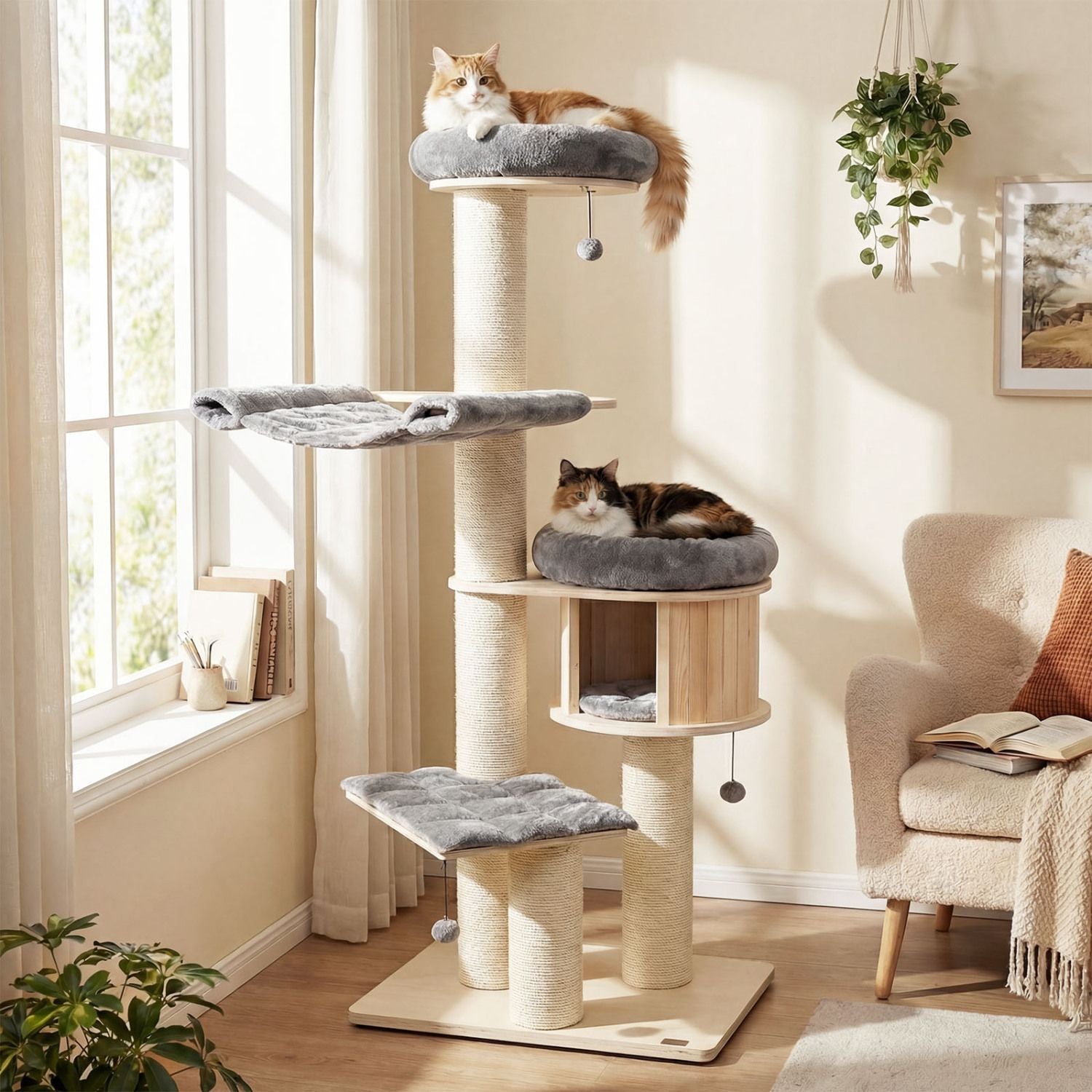 4-Layer 68.5- furniture-style Cat Tree Condo with Sisal Posts & Hammock