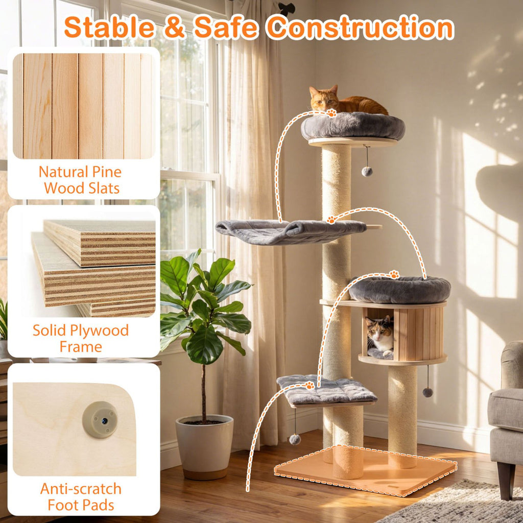 4-Layer 68.5- furniture-style Cat Tree Condo with Sisal Posts & Hammock