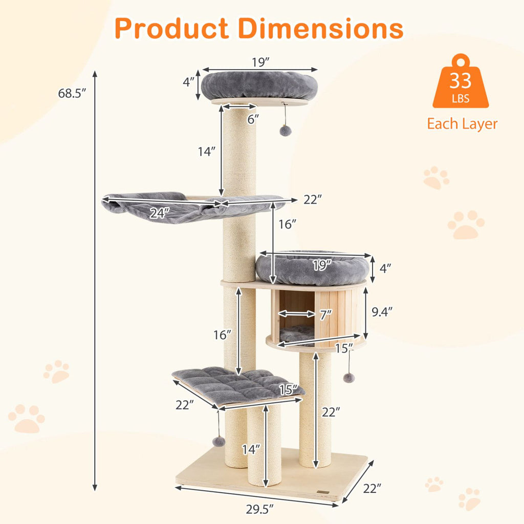 4-Layer 68.5- furniture-style Cat Tree Condo with Sisal Posts & Hammock