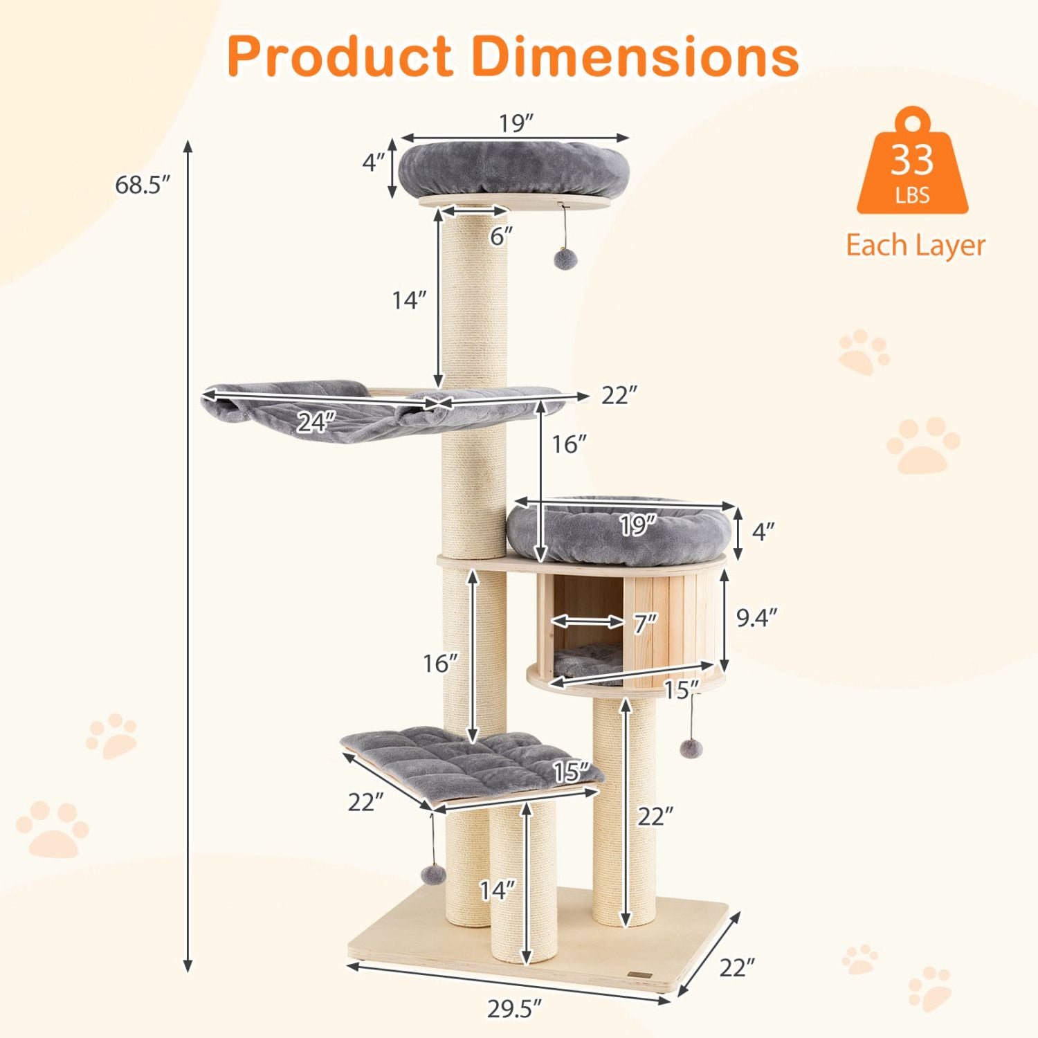 4-Layer 68.5- furniture-style Cat Tree Condo with Sisal Posts & Hammock