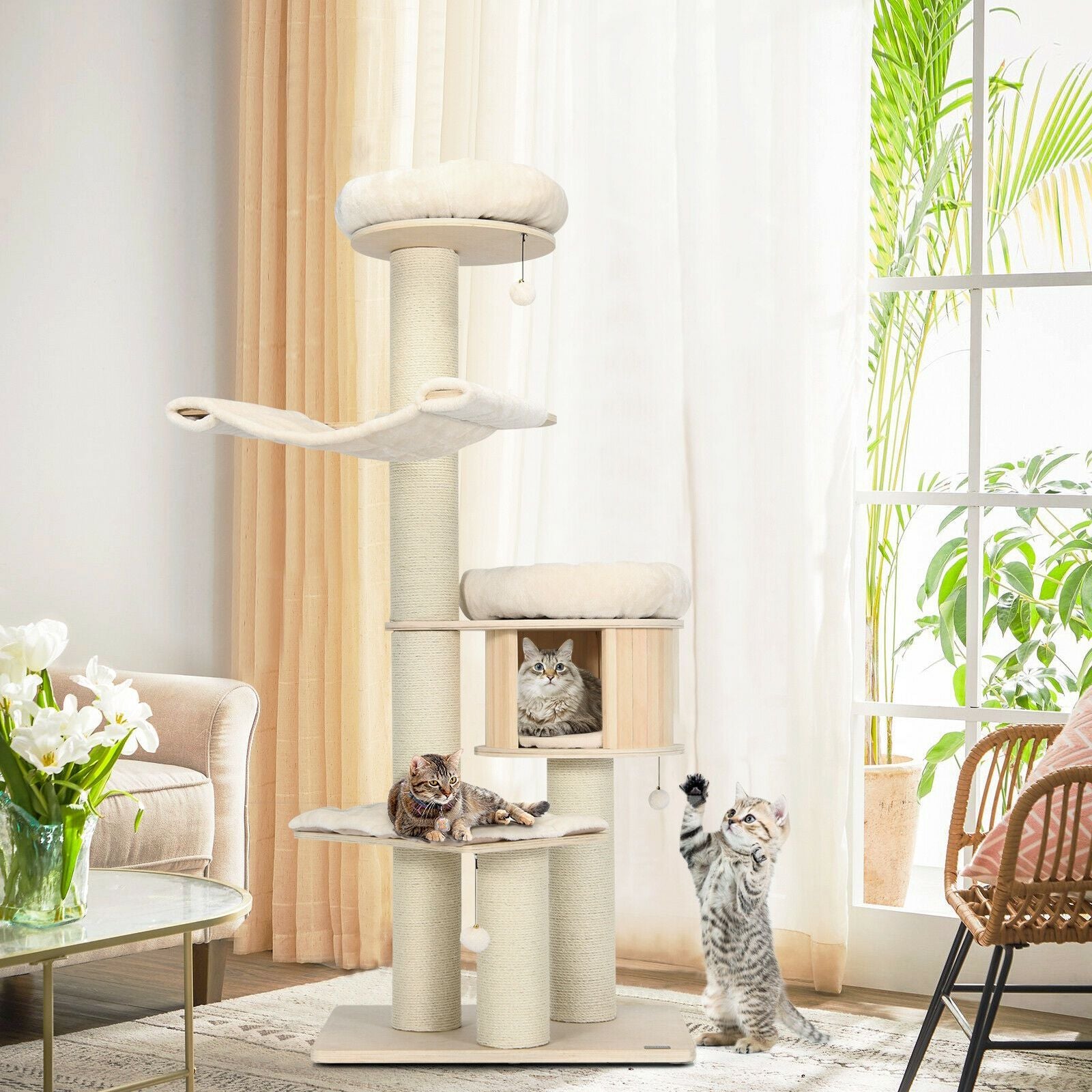 4-Layer 68.5- furniture-style Cat Tree Condo with Sisal Posts & Hammock