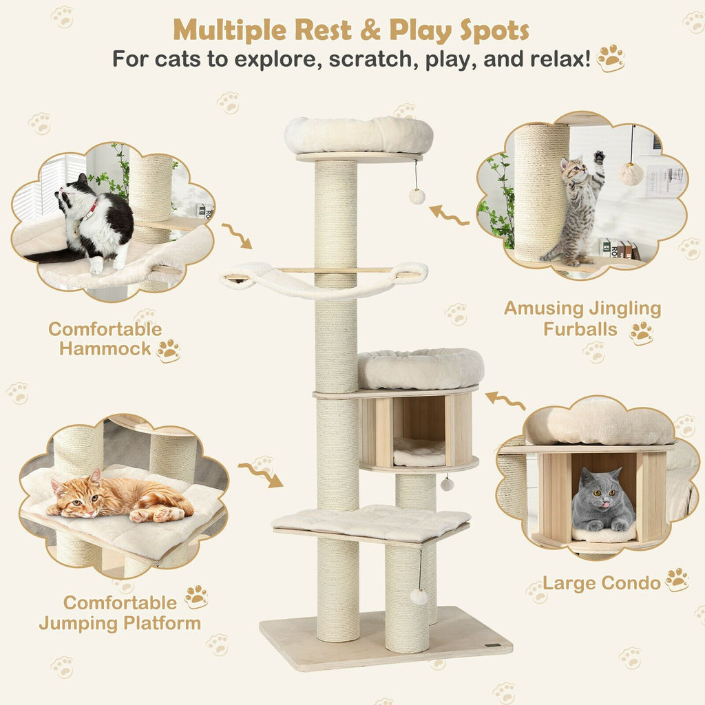 4-Layer 68.5- furniture-style Cat Tree Condo with Sisal Posts & Hammock