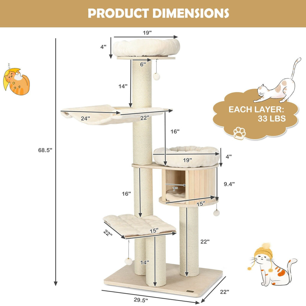4-Layer 68.5- furniture-style Cat Tree Condo with Sisal Posts & Hammock