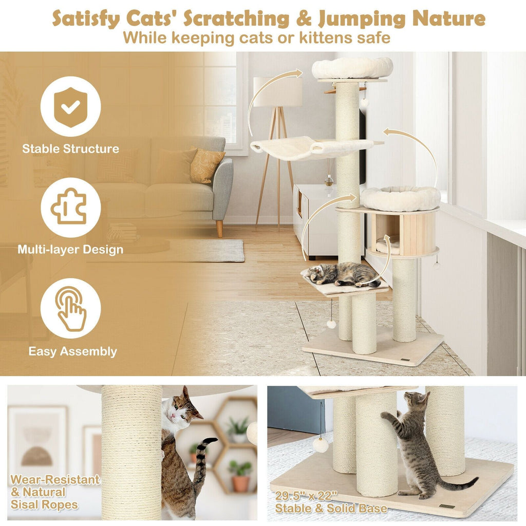 4-Layer 68.5- furniture-style Cat Tree Condo with Sisal Posts & Hammock