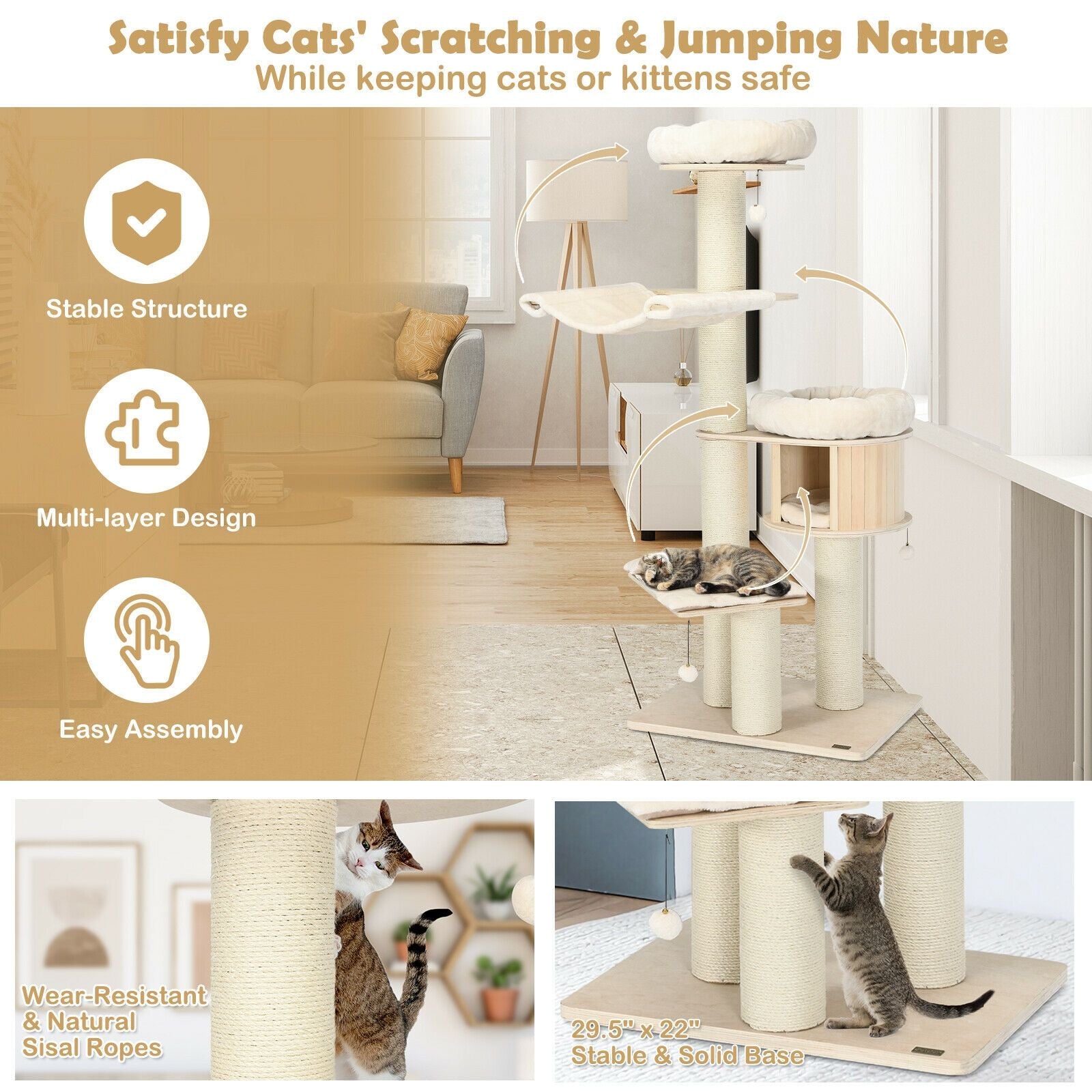 4-Layer 68.5- furniture-style Cat Tree Condo with Sisal Posts & Hammock