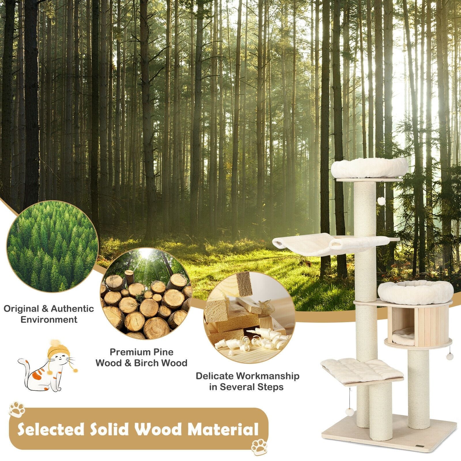 4-Layer 68.5- furniture-style Cat Tree Condo with Sisal Posts & Hammock