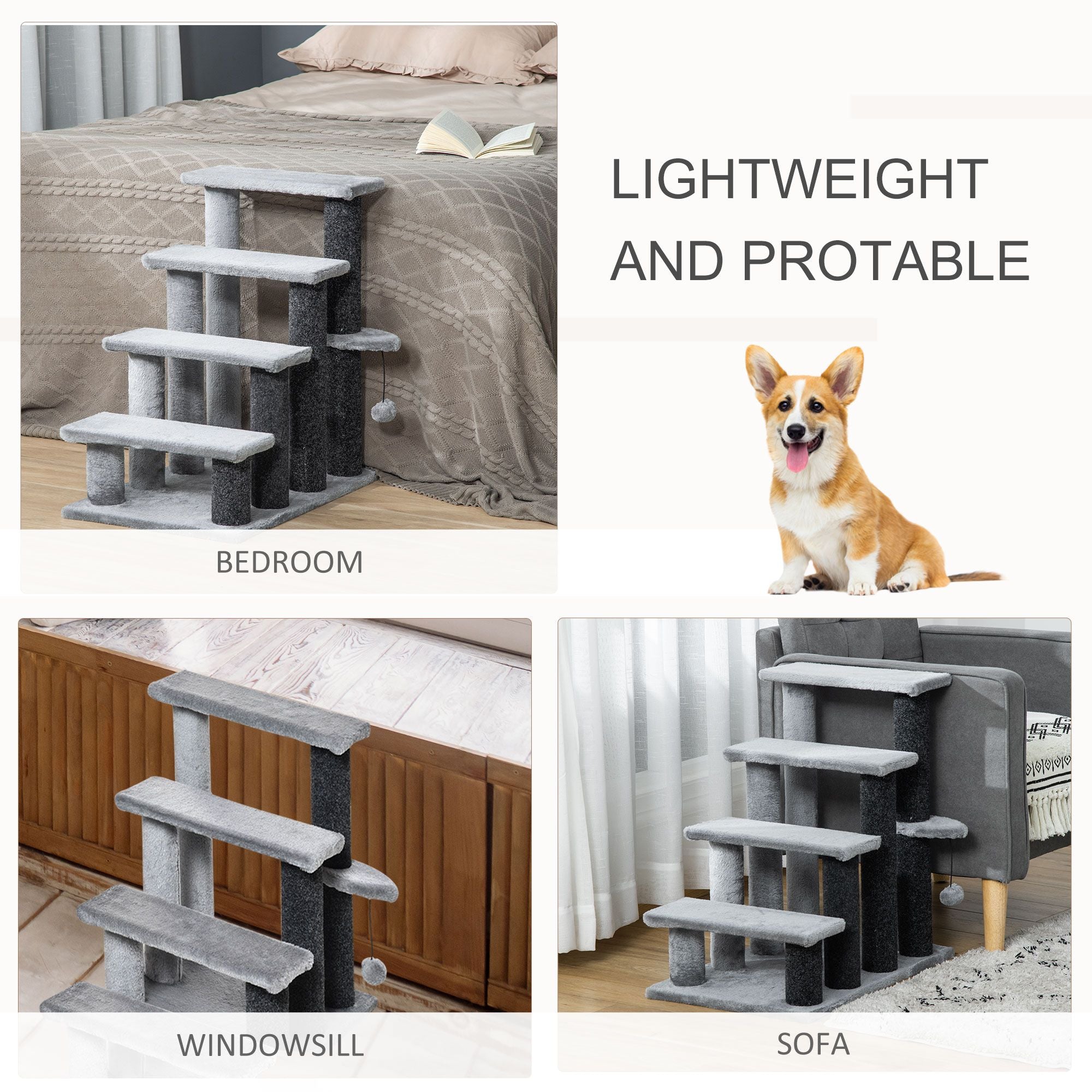 4-Level Cat Stair & Dog Stairs with Hanging Ball and Cozy Steps