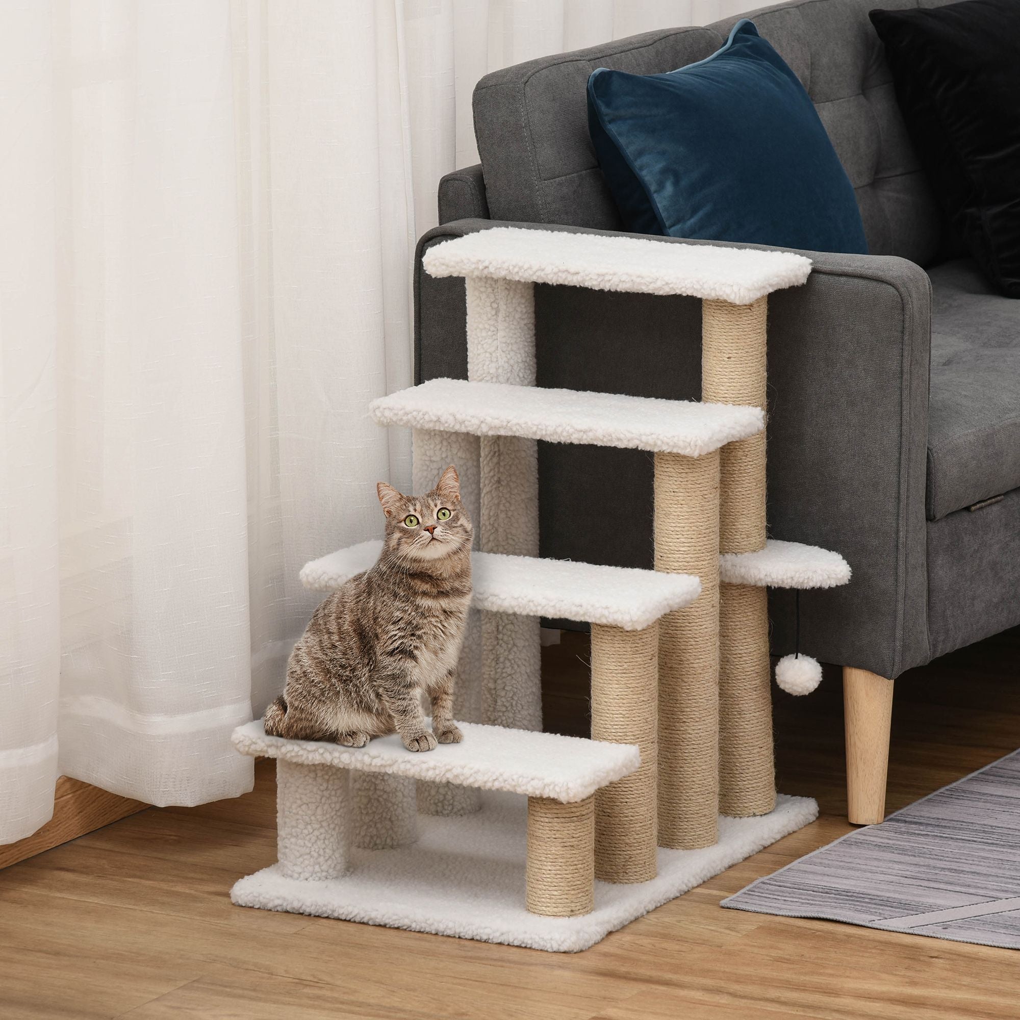 Cat Stairs with Scratching Posts and Hanging Play Ball