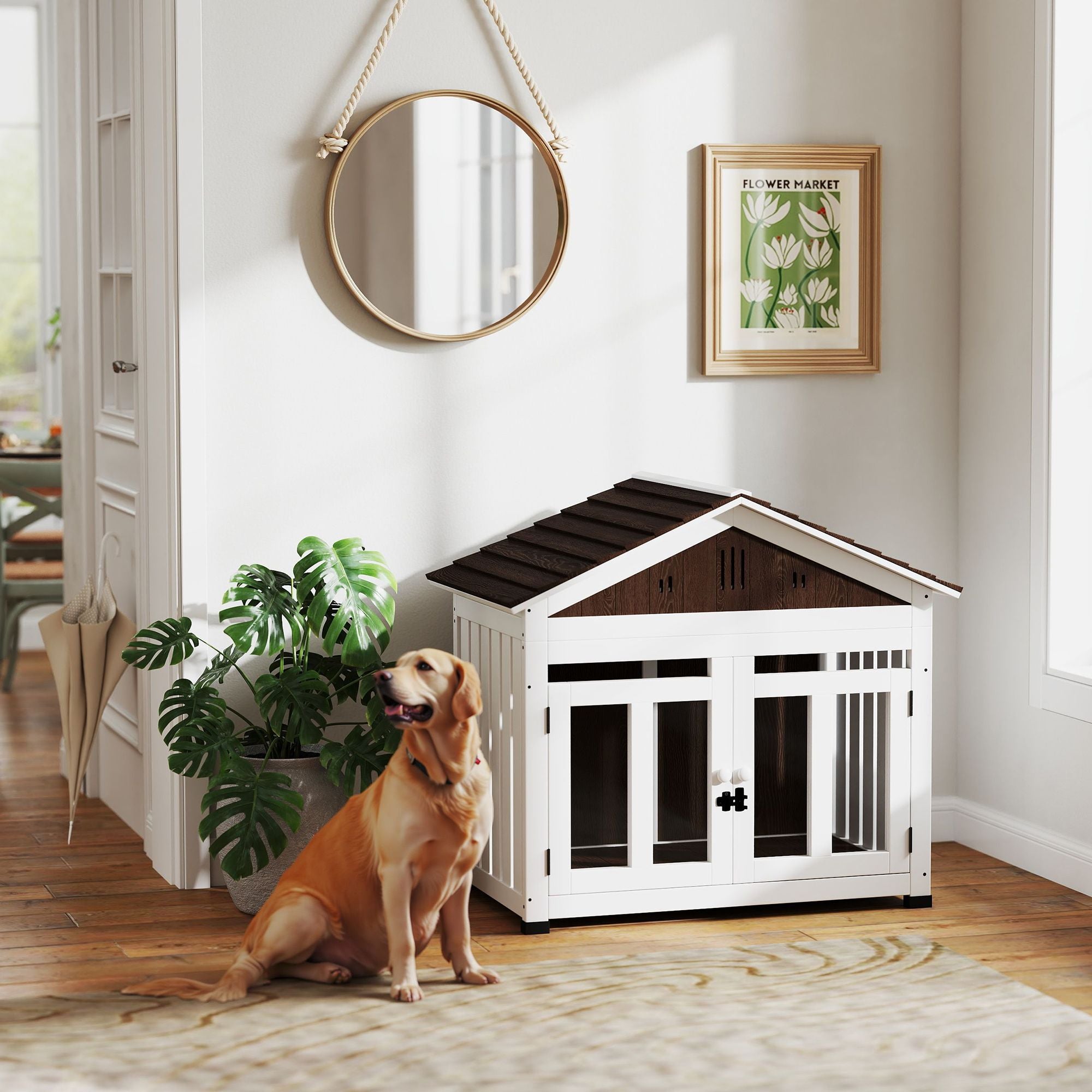 furniture-style Dog House with Elevated Removable Floor and Magnetic Door
