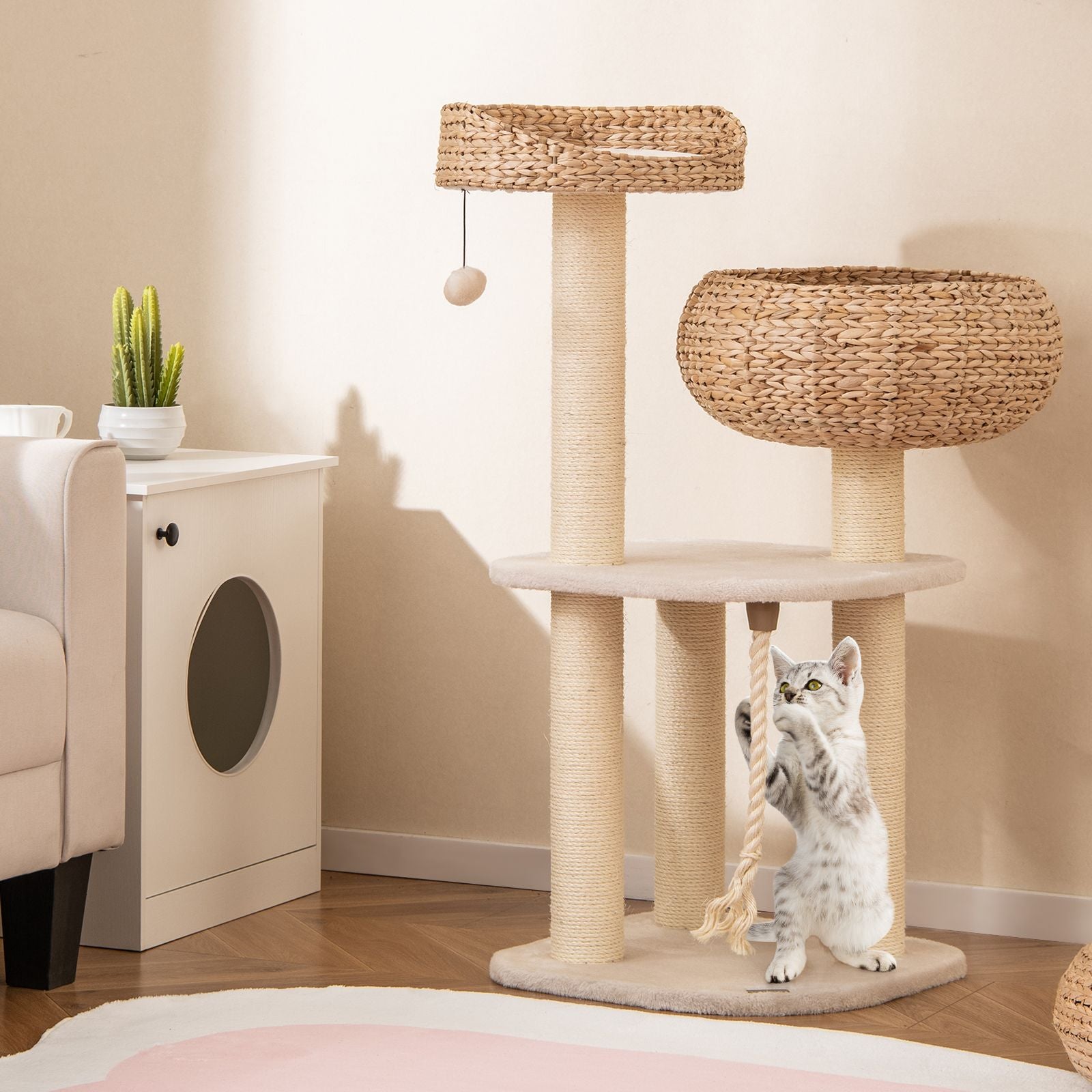 Hand-Woven Rattan Cat Tree: Multi-Level Activity Center with Scratching Posts